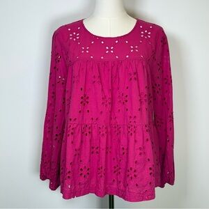 J. Crew 100% Cotton Fuchsia Eyelet Tiered Boho Blouse Women’s Size Small